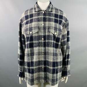 AMINA RUBINACCI Size L Navy Grey Virgin Wool Blend Plaid Shirt Jacket